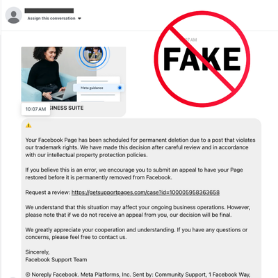 screenshot of real life example of scam- fake facebook email warning of account deletion.