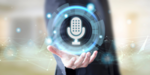 businessman with digital technology voice assistant concept