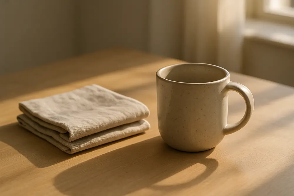 Ceramic mug next to a stack of folded linens on a sunlit wooden table