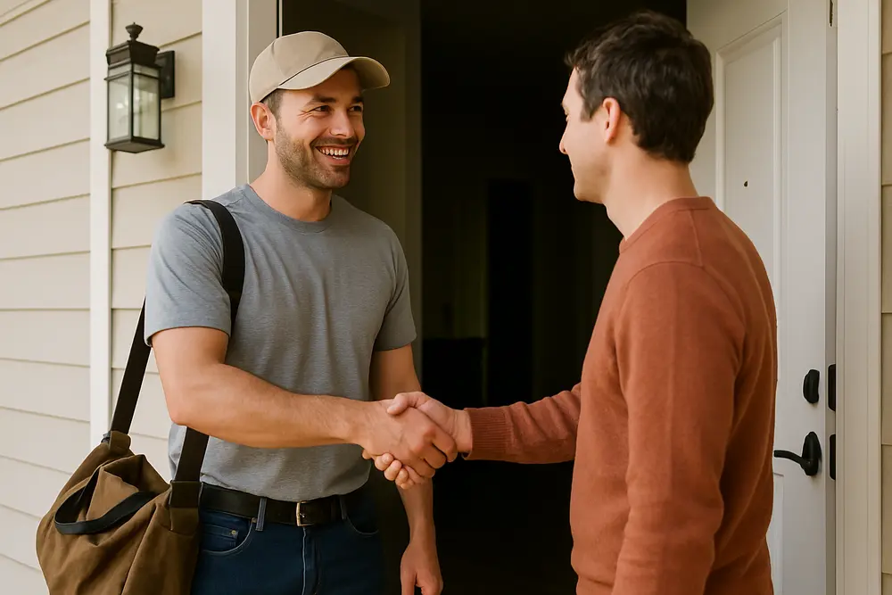 A contractor with a work bag shakes hands with a man at his front door