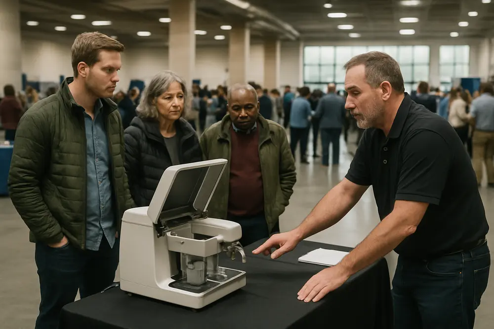 A man explains a countertop device to three adults at a table in a busy expo hall.