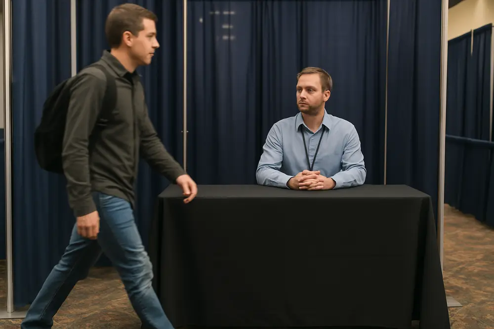 Man sits behind a black-covered table in a booth as another man walks by.