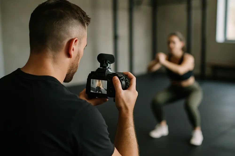 Man with short hair films a woman doing squats in a gym studio