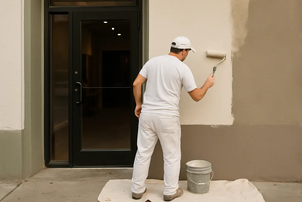 A painter in white clothing uses a roller to paint the exterior wall near a glass door.