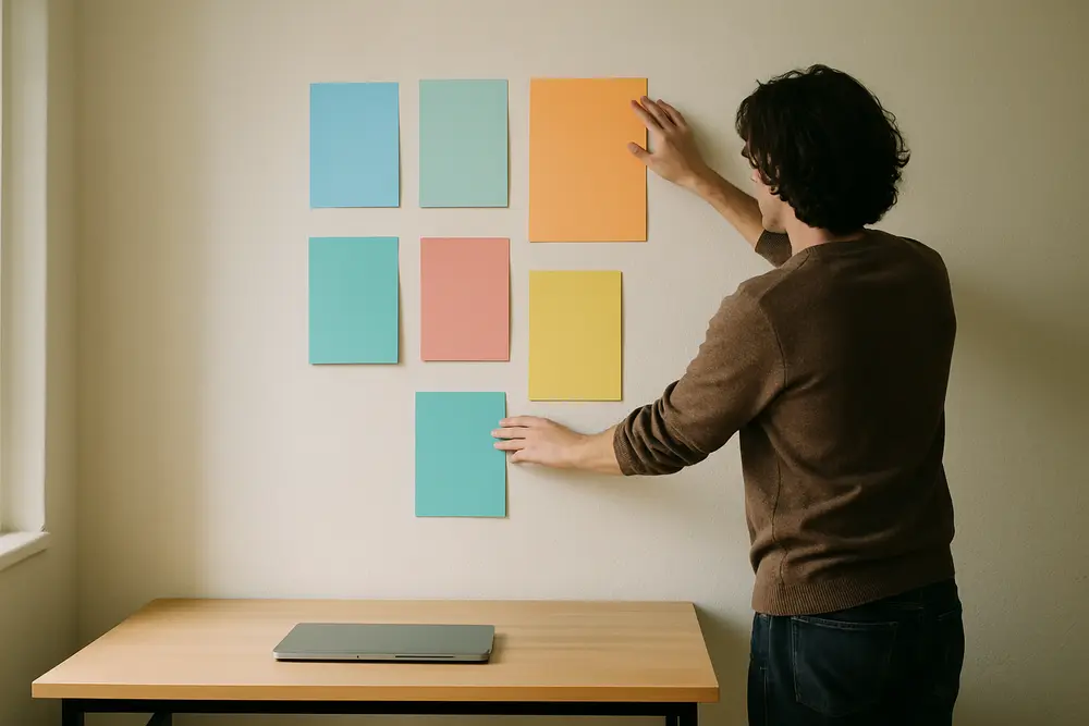 Person arranging colored cards on a wall above a wooden desk with a closed laptop