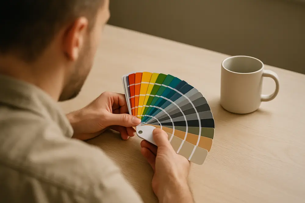 Person holding a fan of color swatches at a desk beside a plain ceramic mug