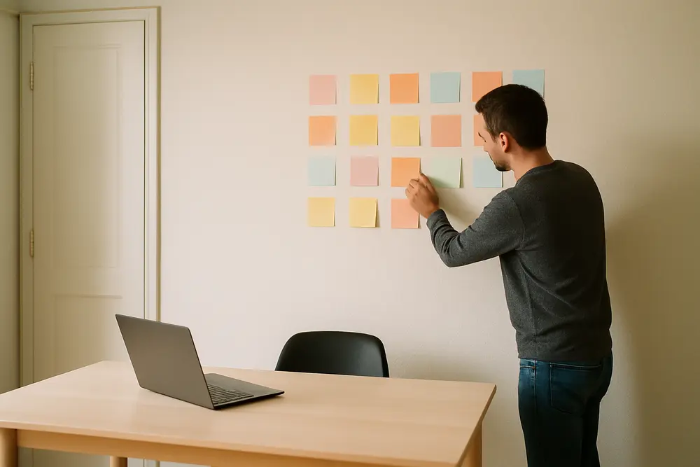 Person sorting colorful blank cards on wall next to a table with a laptop