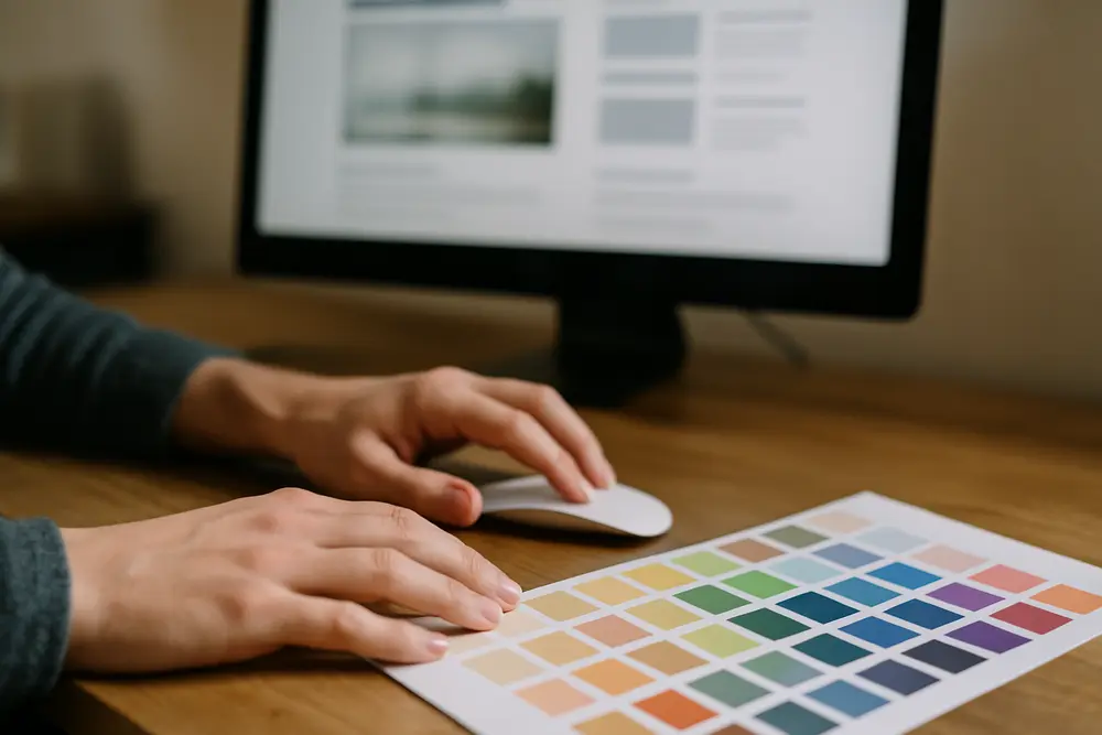Person using a computer mouse beside a sheet of color swatches on a desk