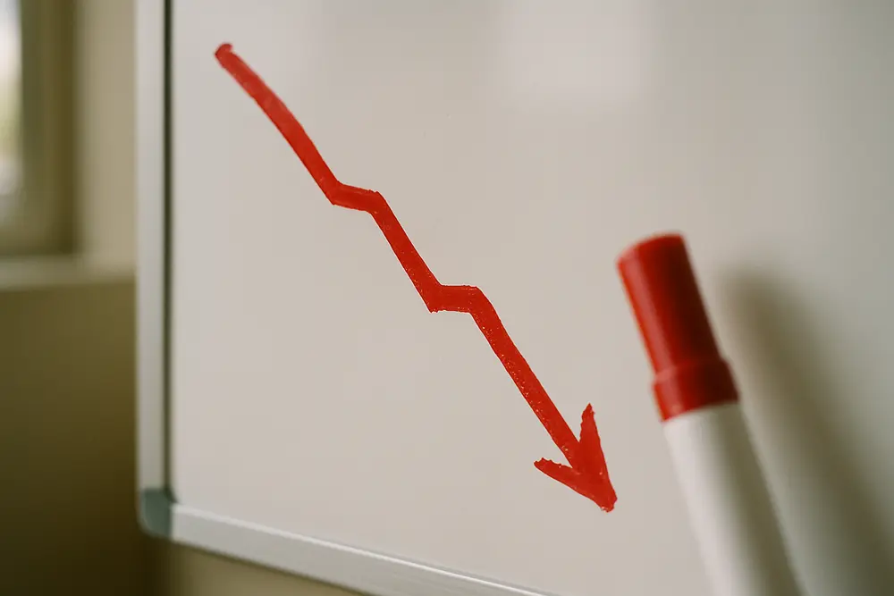 Red zigzag descending line drawn with a red marker on a whiteboard
