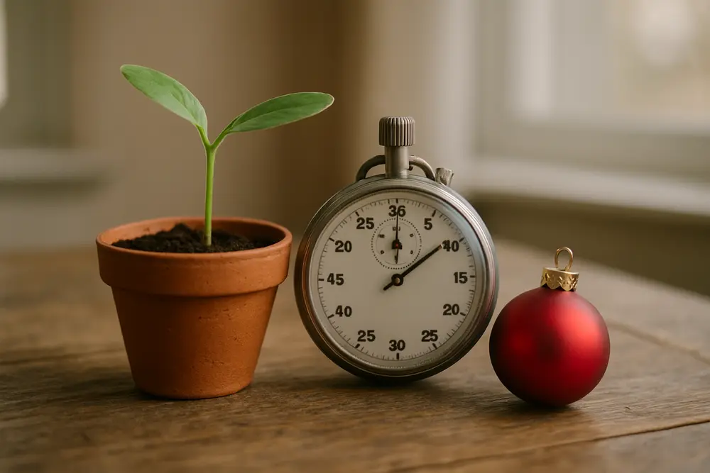 A small potted seedling, a stopwatch, and a red ornament on a wooden table