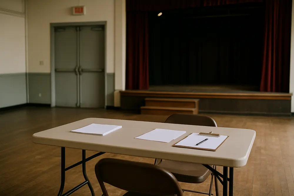A small table with chairs, papers, and a pen sits in front of a stage