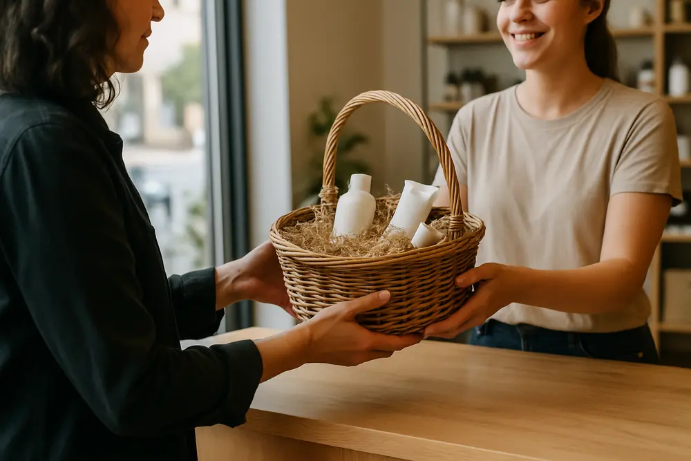 A smiling employee hands a gift basket with bottles to a customer across a counter.