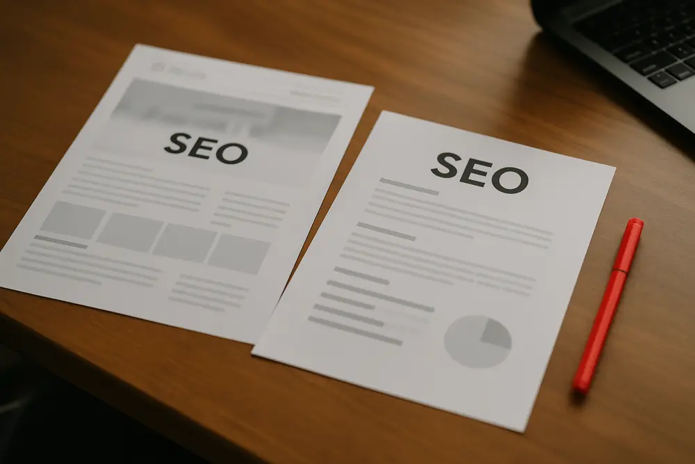 Two printed web pages with SEO headings and a red marker on a wooden desk
