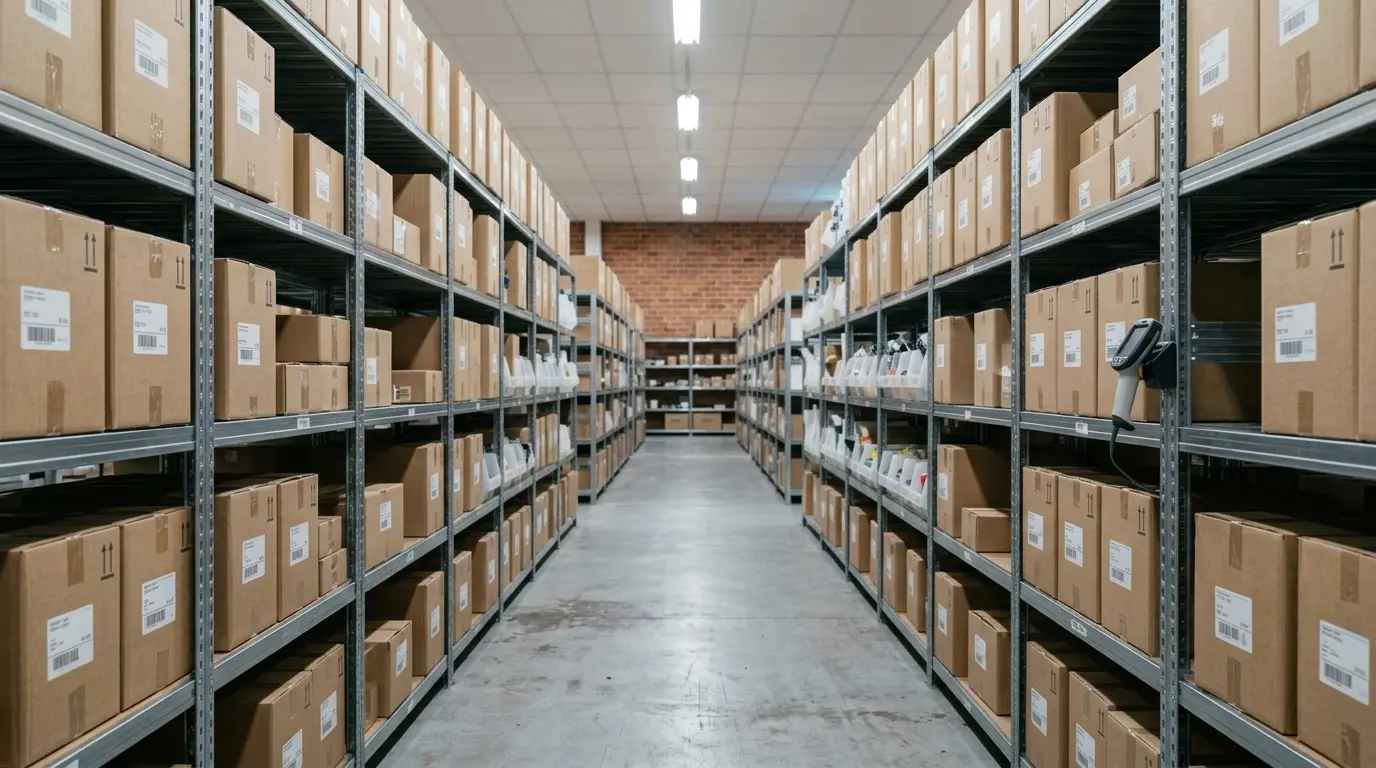 Ecommerce marketing warehouse: metal shelving stocked with cardboard boxes for inventory-aware ad targeting