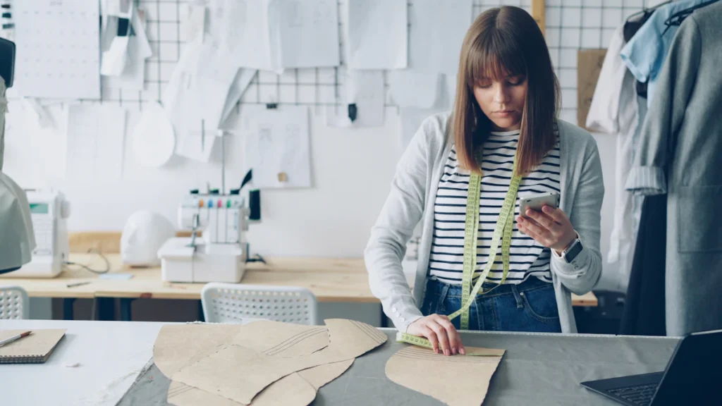 Seamstress checking her phone while cutting patterns in her workshop