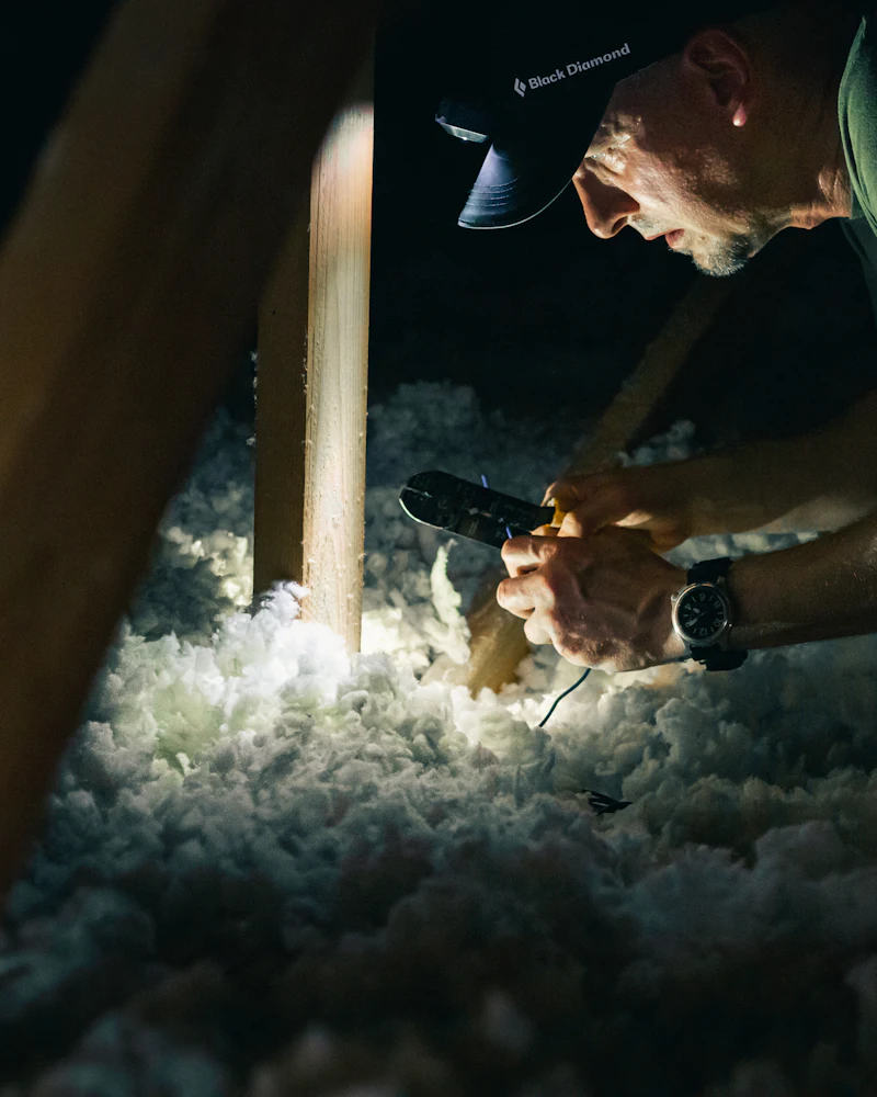 Worker checking insulation in an attic